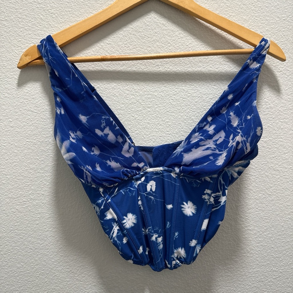 Blue floral print halter top with adjustable straps